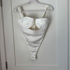 Anna October Cream Bustier Cutout Bodysuit Size S US 4 White Satin Topstitching